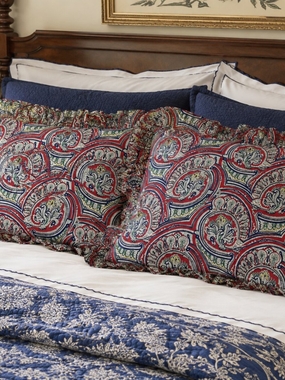 Ralph Lauren Paisley Standard Ruffled Shams Pair Red Blue Grandmillennial Vtg